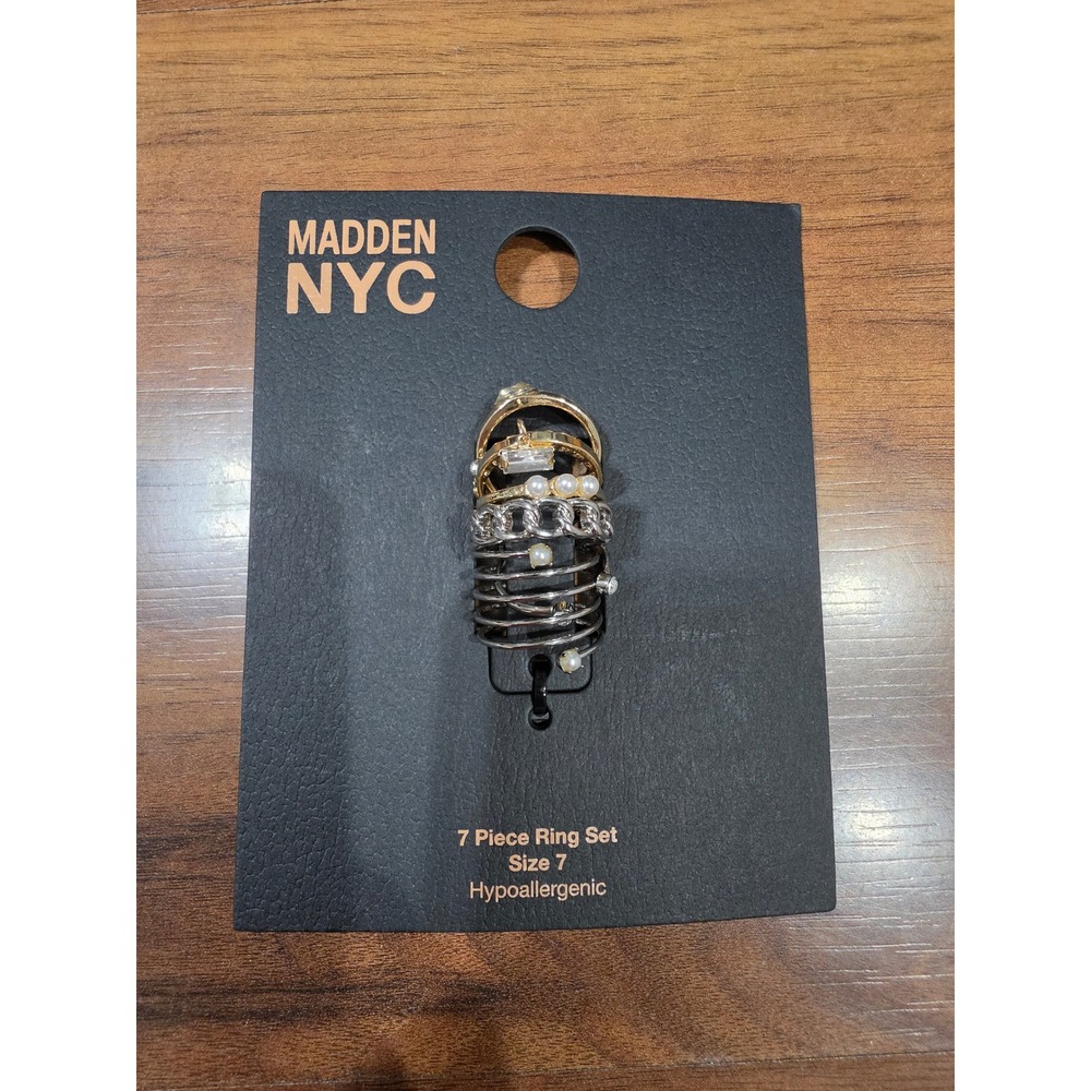Madden NYC Ring Set Womens Size 7 Gold Silver NEW 7-Piece Crystal Pearl Coil